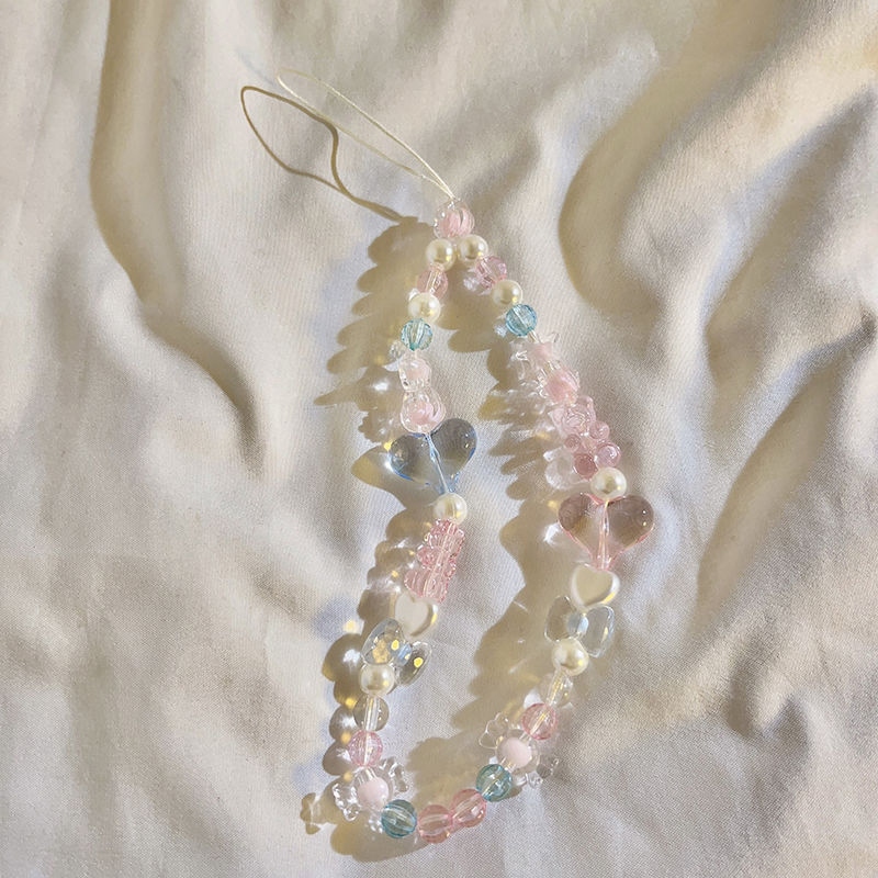 INS Korea Fashion Transparan Love Heart Bow Bracelet Lucu Rantai Manik-manik Gantungan Kunci