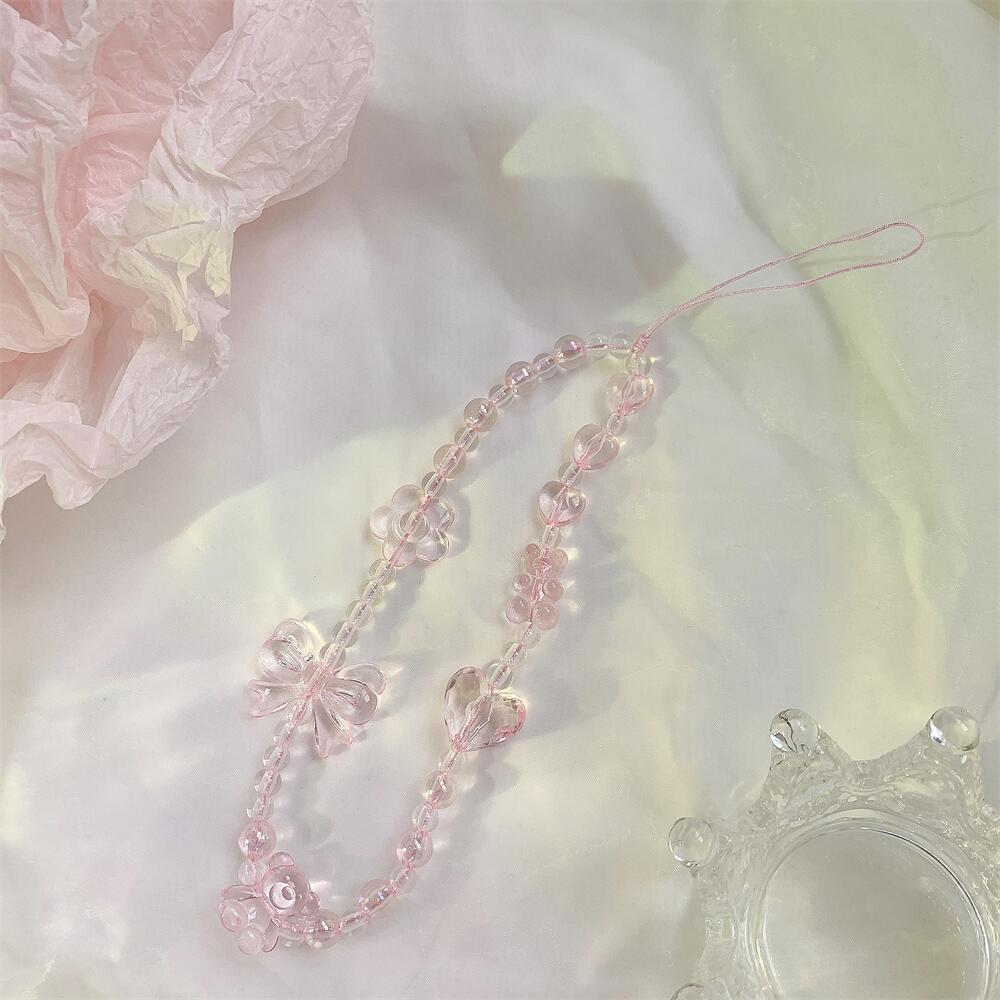 INS Korea Fashion Transparan Love Heart Bow Bracelet Lucu Rantai Manik-manik Gantungan Kunci