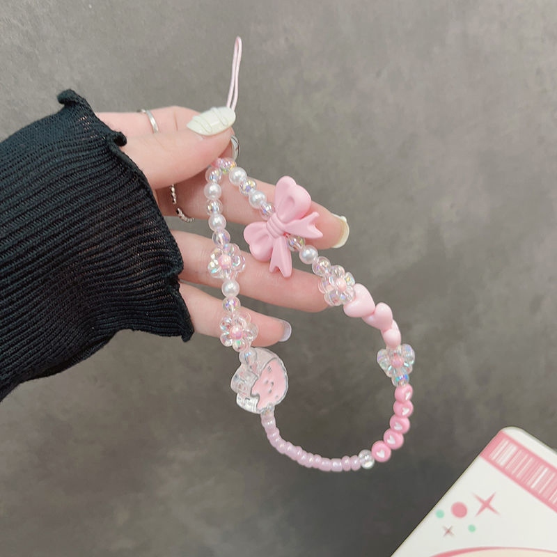 INS Korea Fashion Transparan Love Heart Bow Bracelet Lucu Rantai Manik-manik Gantungan Kunci