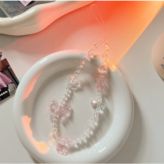 INS Korea Fashion Transparan Love Heart Bow Bracelet Lucu Rantai Manik-manik Gantungan Kunci