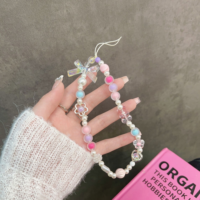 INS Korea Fashion Transparan Love Heart Bow Bracelet Lucu Rantai Manik-manik Gantungan Kunci