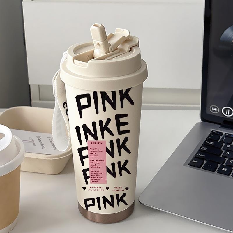 Tumbler CUP 500 ML Simple Anime Cool Pink Life Heart Termos Kopi Stainless Custom Steel Dengan Sedotan Kopi Yang Elegan